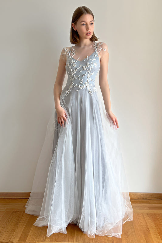 Blue wedding dress with floral beaded embroidery