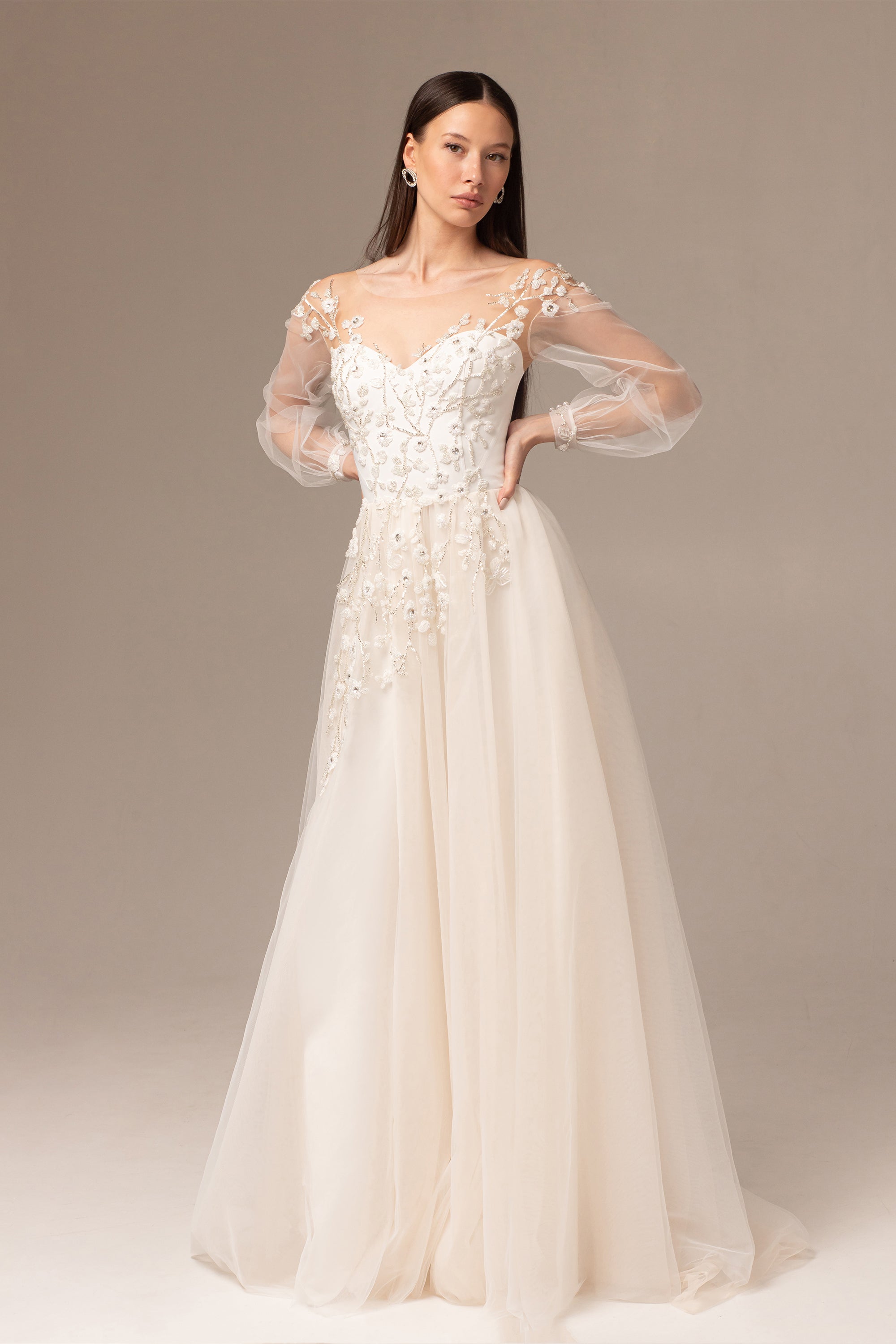 Floral embroidered wedding dress with puff sleeves