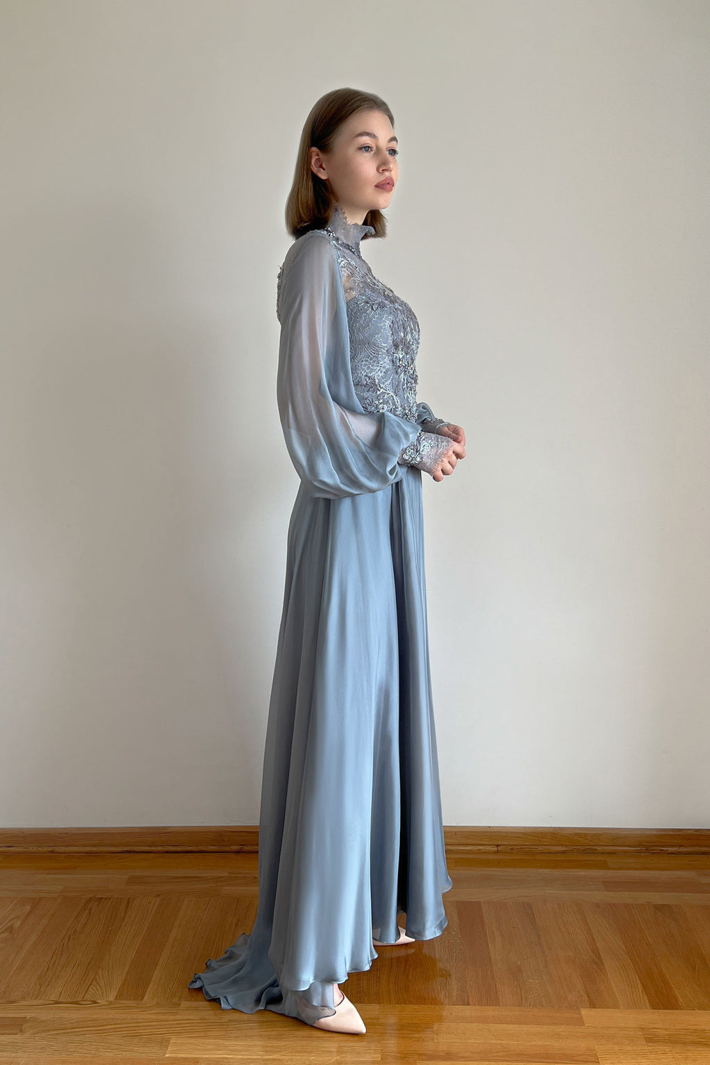 Blue Embroidered Wedding Dress with Long Sleeves and Open Back