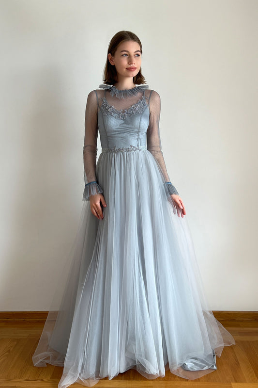 Blue Tulle Wedding Dress with Long Sleeves and Sheer Back