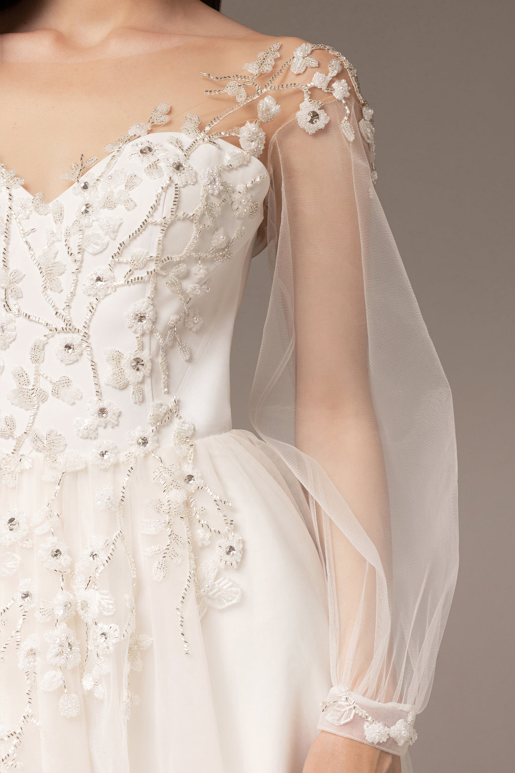 Floral embroidered wedding dress with puff sleeves