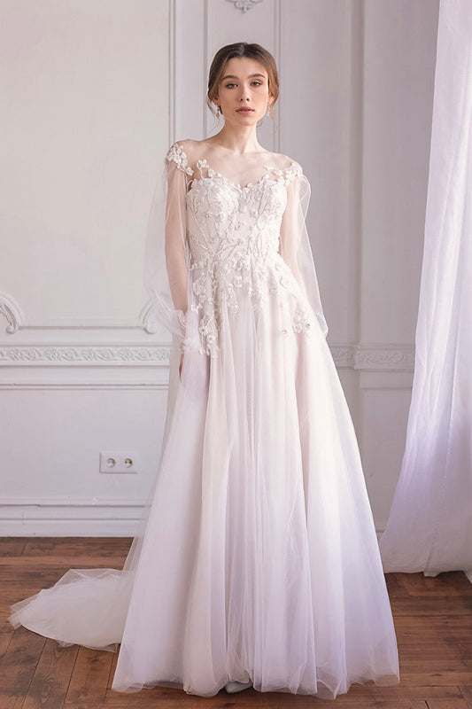 Floral embroidered wedding dress with sheer sleeves