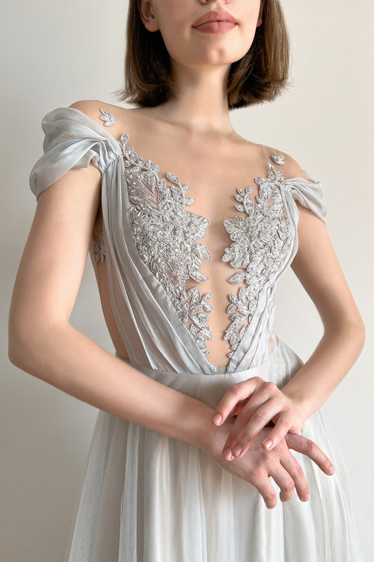 Grey tulle wedding dress with beaded bodice