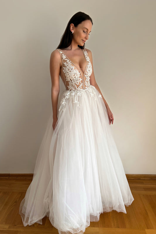 Floral embroidered wedding dress with deep V-neck