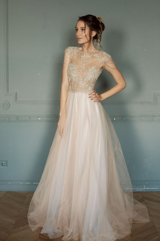 Gold lace wedding dress with beaded bodice and open back