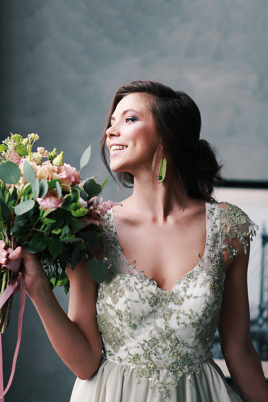 Olive green wedding dress with beaded lace bodice
