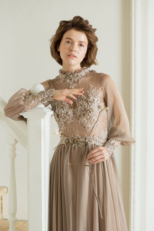 Mocha long sleeve wedding dress with 3D floral lace