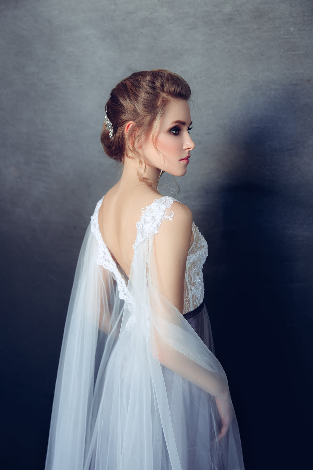 Elven wedding dress with lace bodice and tulle cape