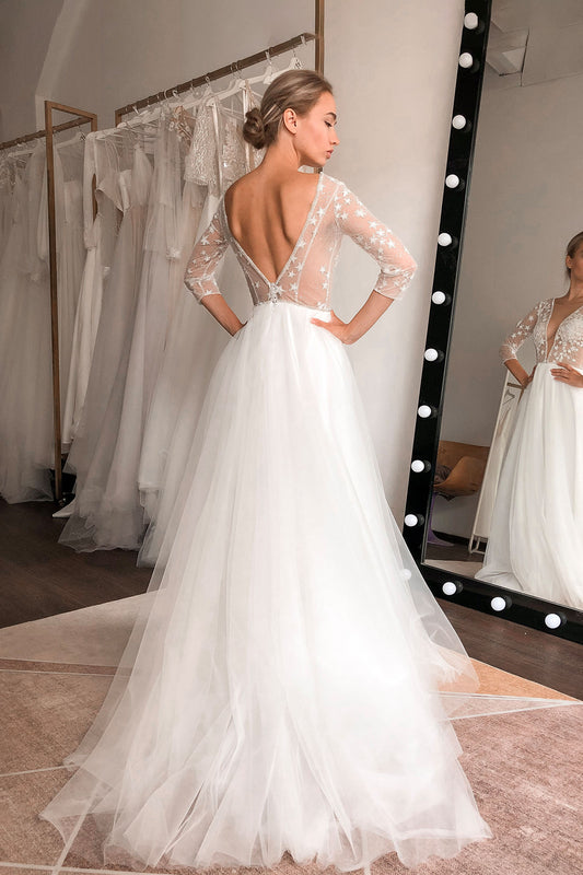 Star Embroidered Wedding Dress with Deep V-Neck and Open Back