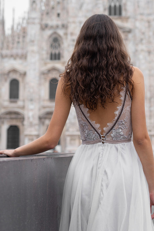 Gray and white wedding dress with lace bodice