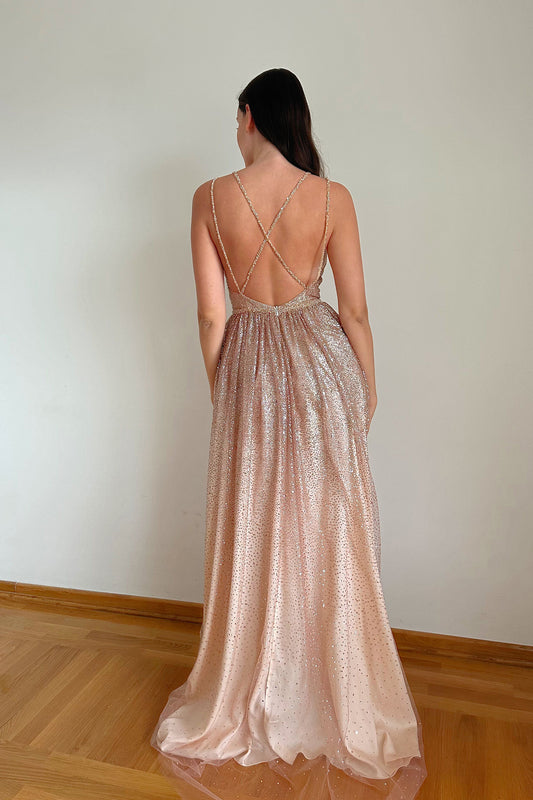 Pink sparkly wedding dress with open back and slit