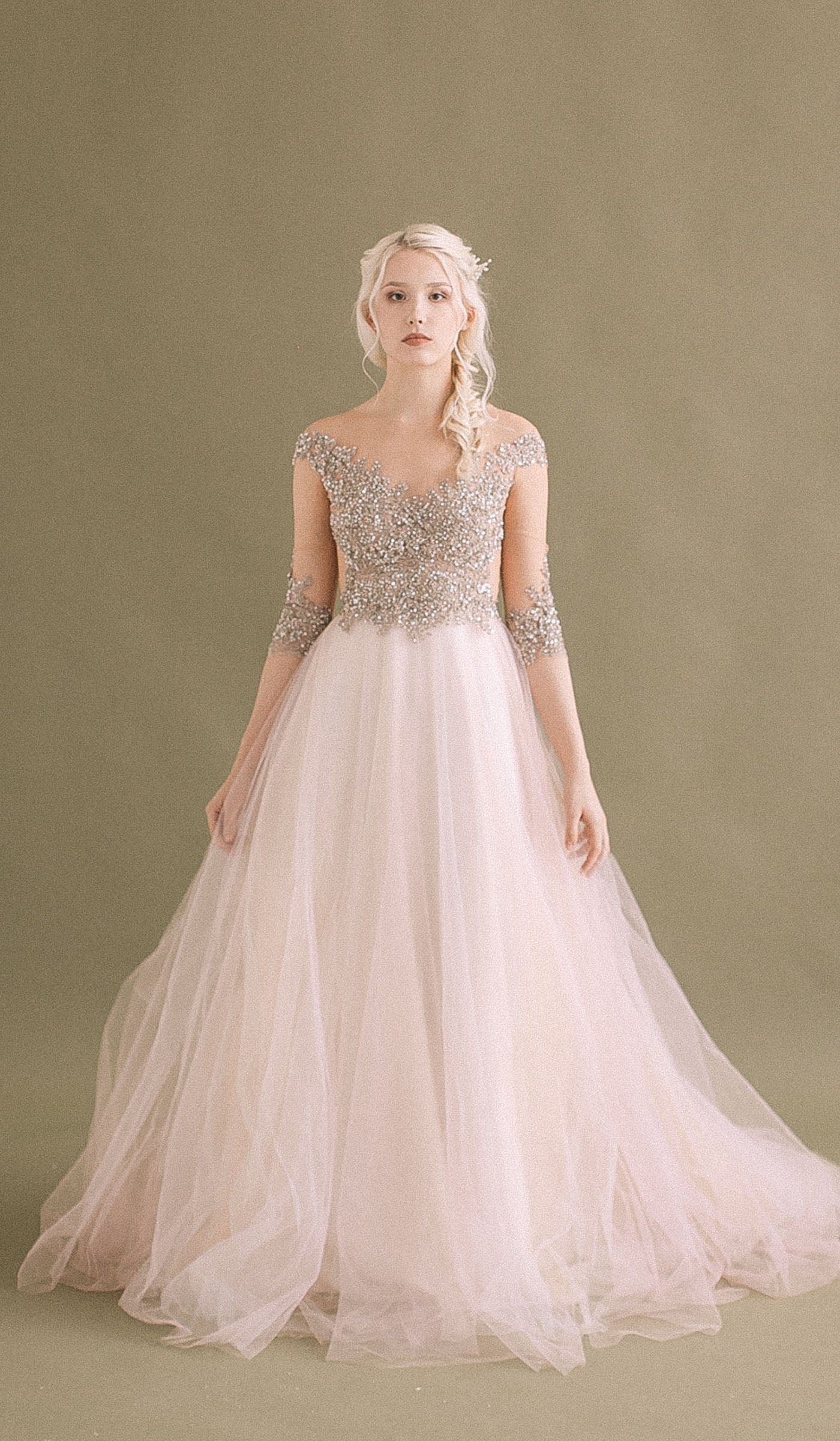 Blush tulle wedding dress with beaded bodice