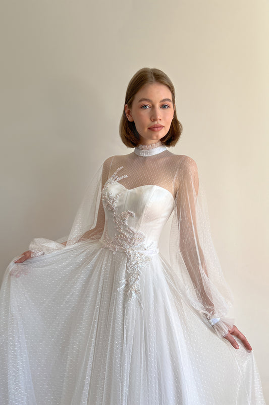 High neck wedding dress with bishop sleeves