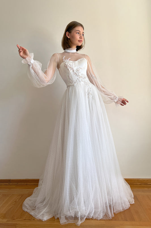 High neck wedding dress with bishop sleeves