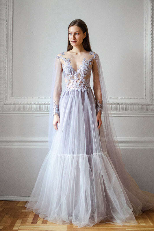 Lavender Wedding Dress with Cape Sleeves and Floral Embroidery
