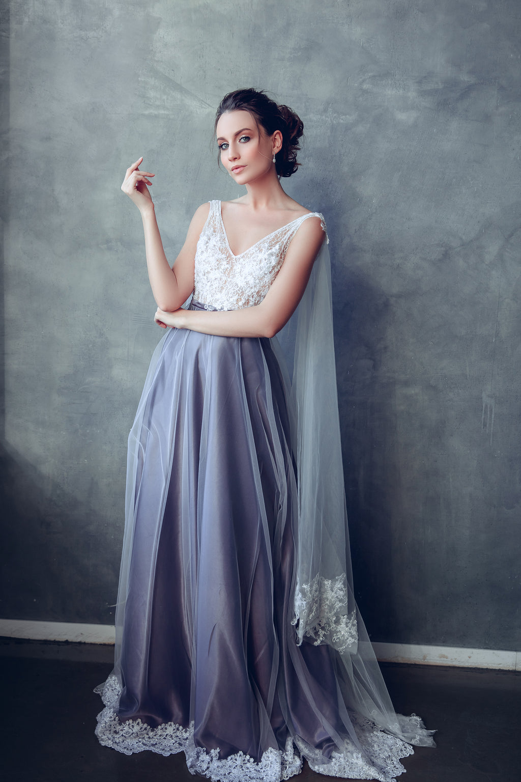 Elven wedding dress with lace bodice and tulle cape