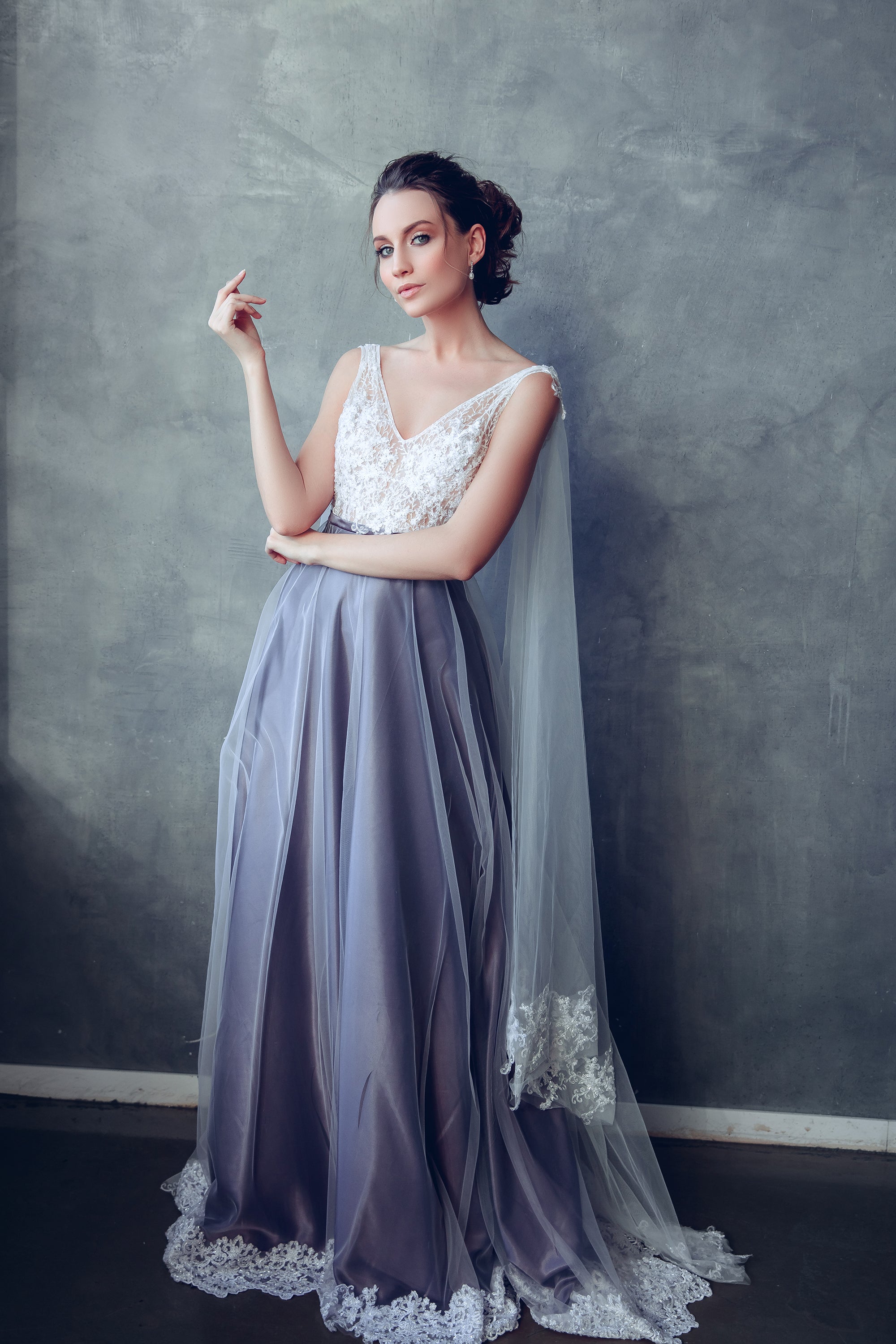 Elven wedding dress with lace bodice and tulle cape