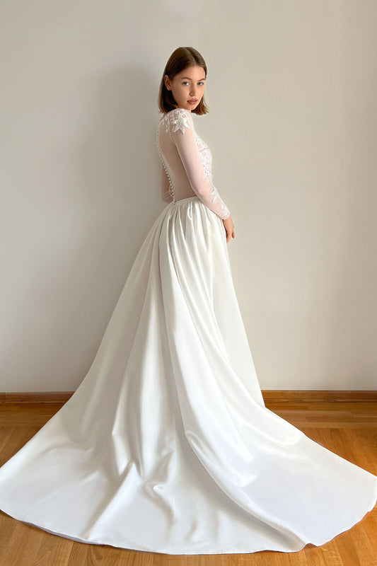 Star Embroidered Wedding Dress with Satin Skirt and Long Sleeves