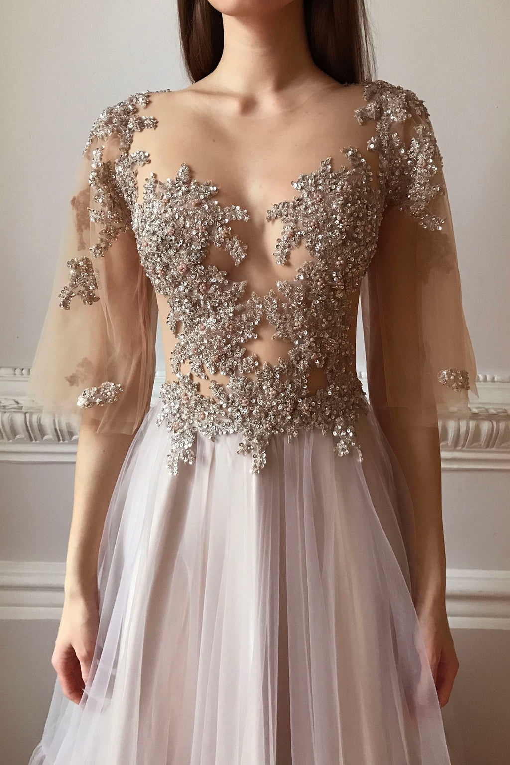 Beaded embroidered wedding dress with flutter sleeves