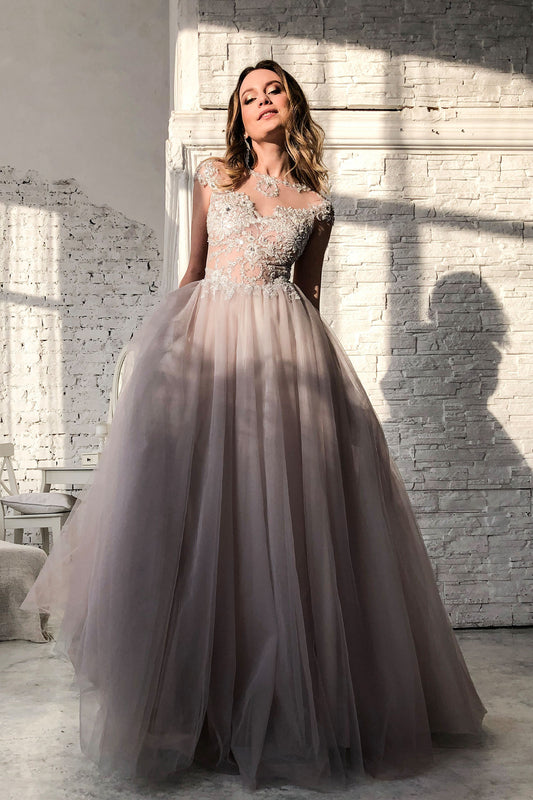Lavender Ombre Tulle Wedding Dress with Floral Embroidery and Open Back