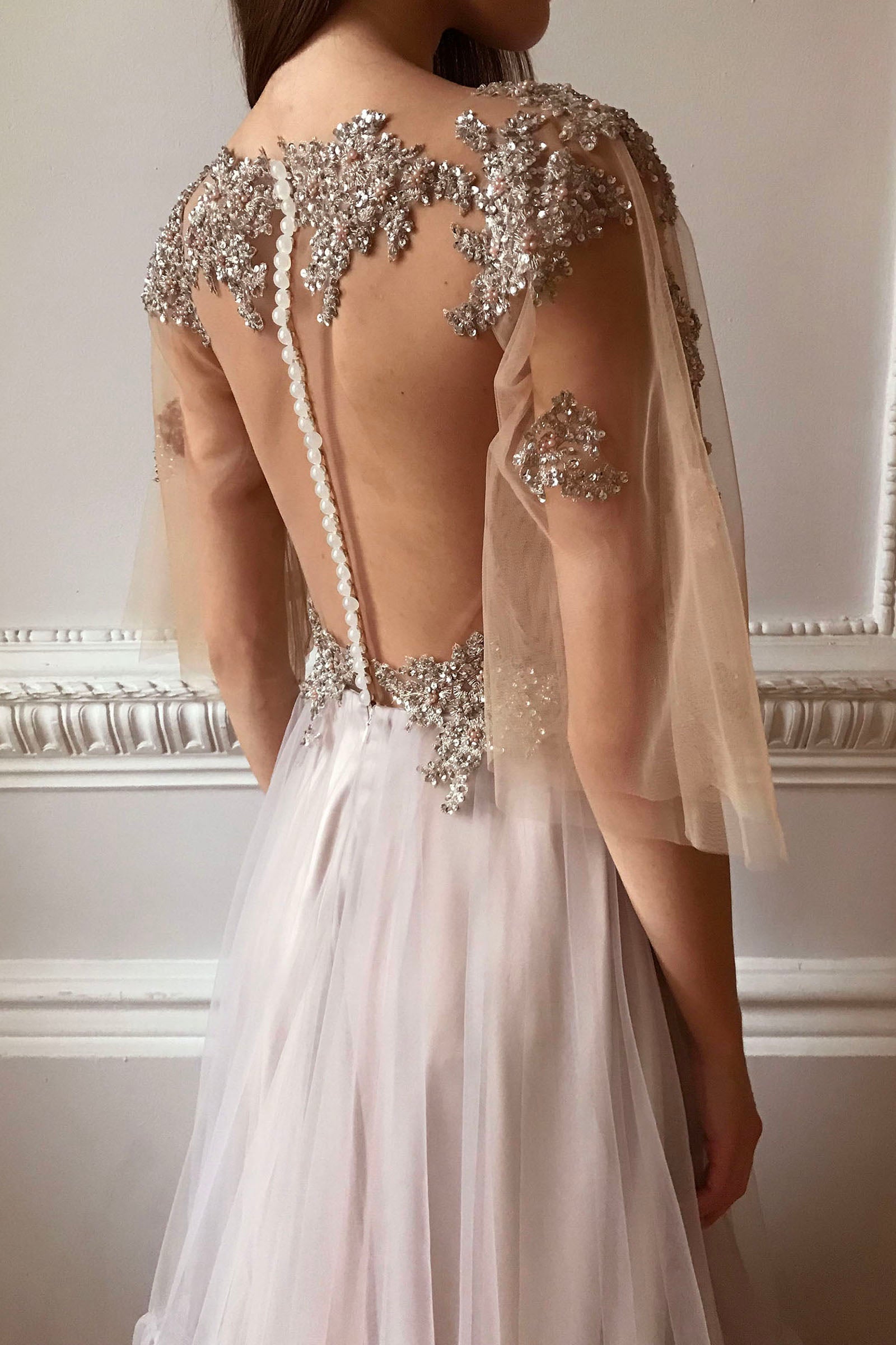 Beaded embroidered wedding dress with flutter sleeves