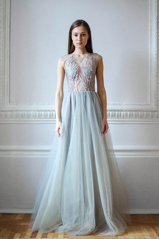 Ice Blue Tulle Wedding Dress with Branch Embroidery and Sheer Back