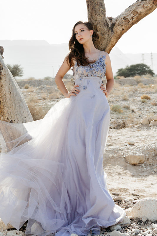 Blue Tulle Wedding Dress with 3D Floral Embroidery and Open Back