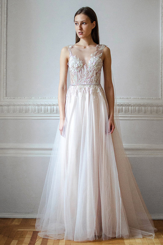 Iridescent sequin wedding dress with tulle cape