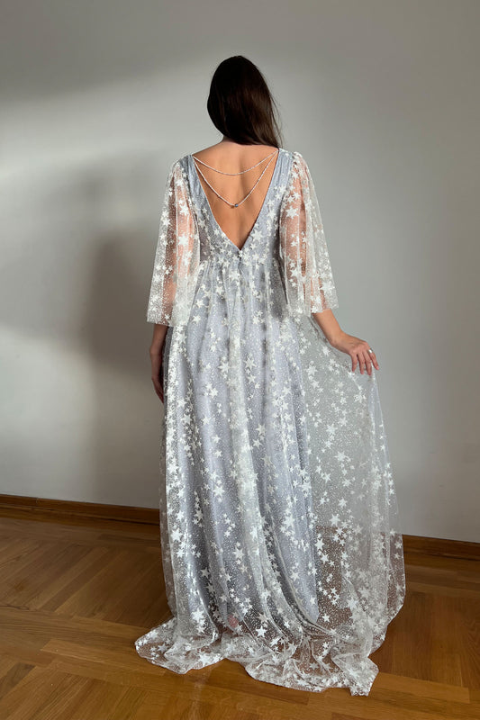Silver Star Wedding Dress with Butterfly Sleeves and Open Back