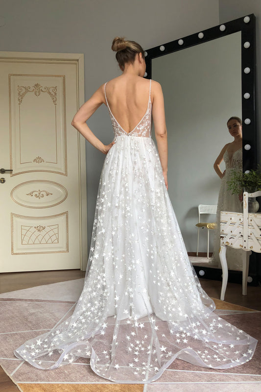 Star Embroidered Wedding Dress with Open Back and Spaghetti Straps