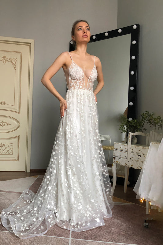 Star Embroidered Wedding Dress with Open Back and Spaghetti Straps