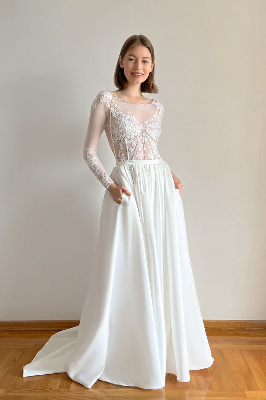 Star Embroidered Wedding Dress with Satin Skirt and Long Sleeves