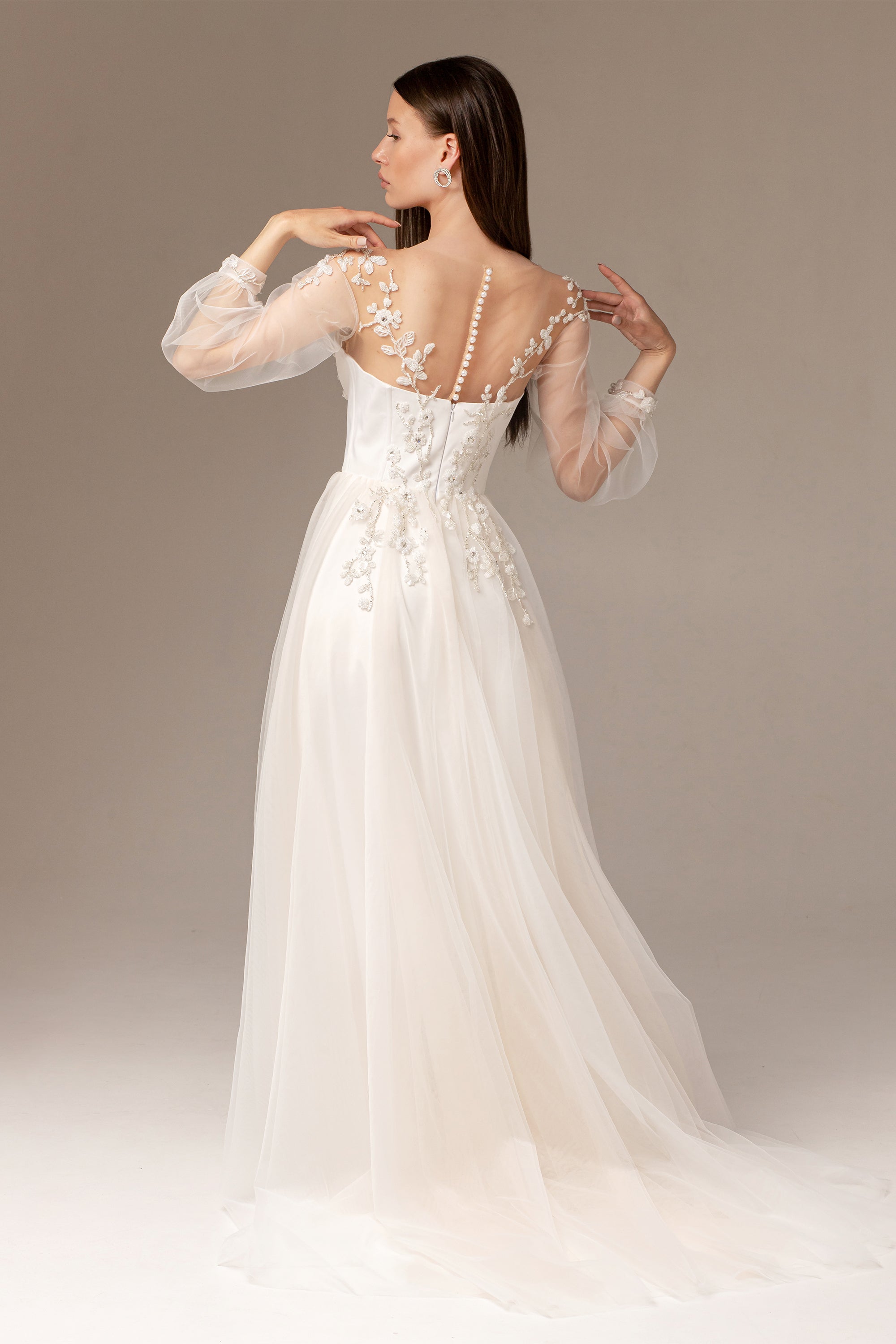 Floral embroidered wedding dress with puff sleeves