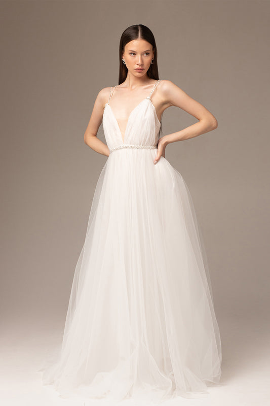 Draped tulle wedding dress with deep V neckline