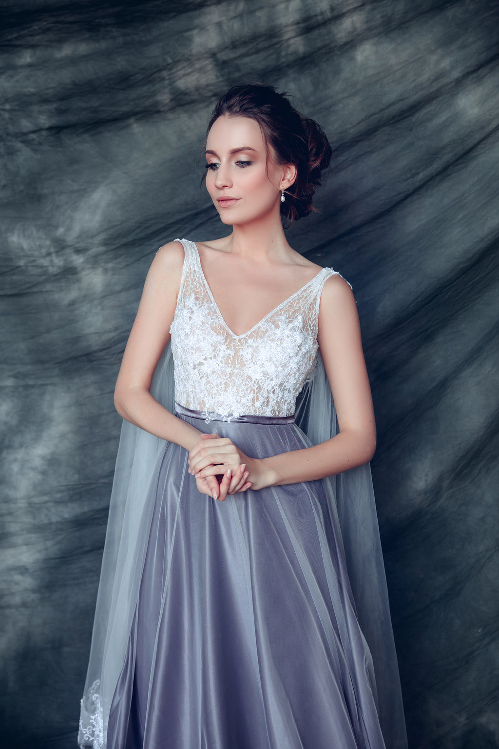 Elven wedding dress with lace bodice and tulle cape