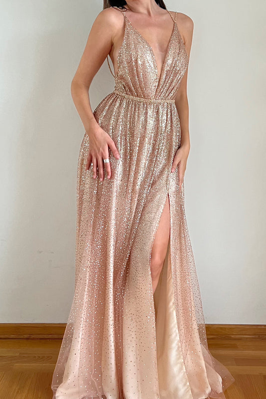 Pink sparkly wedding dress with open back and slit