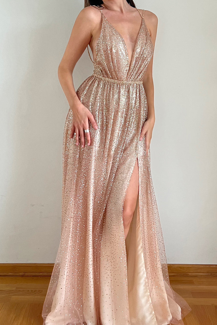Pink sparkly wedding dress with open back and slit