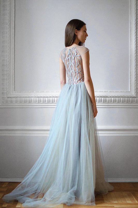 Ice Blue Tulle Wedding Dress with Branch Embroidery and Sheer Back