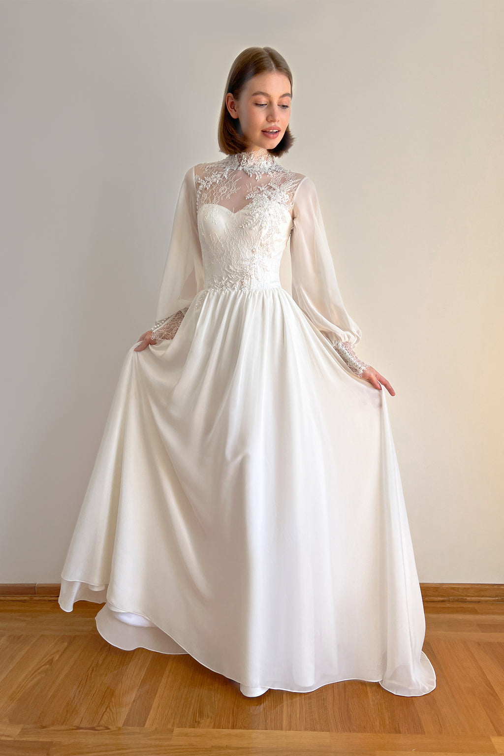 Bishop sleeve wedding dress with high neck