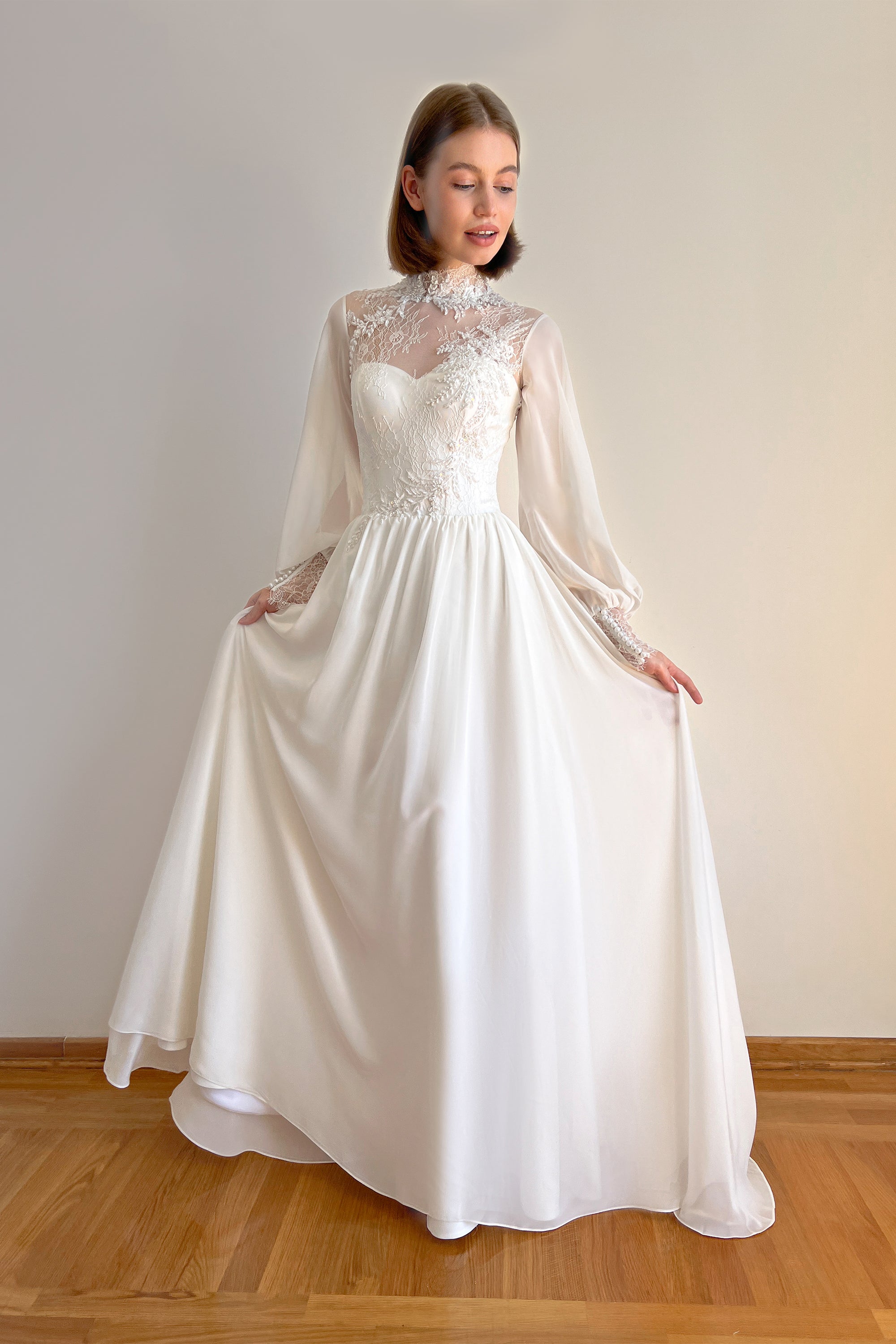 Bishop sleeve wedding dress with high neck