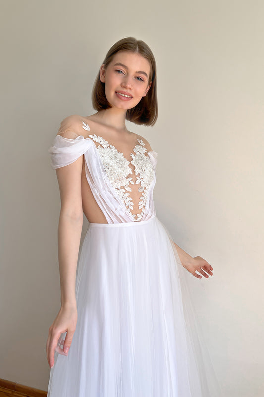 White tulle wedding dress with beaded bodice