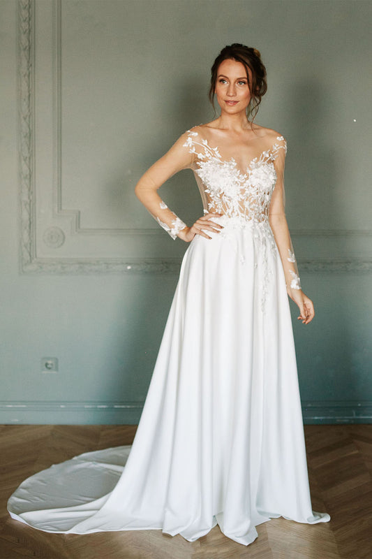 Long sleeve wedding dress with lace embroidered bodice