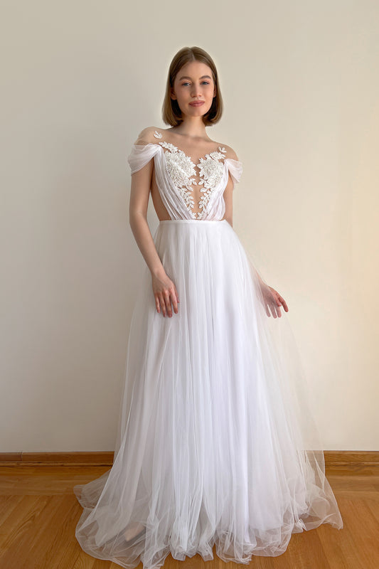White tulle wedding dress with beaded bodice
