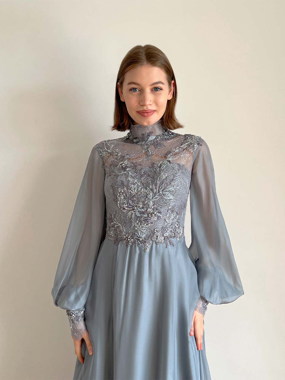Blue Wedding Dress, Modest Wedding Dress, Chiffon Wedding Dress Long Sleeve