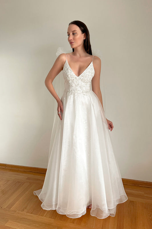 Star embroidered wedding dress with organza skirt