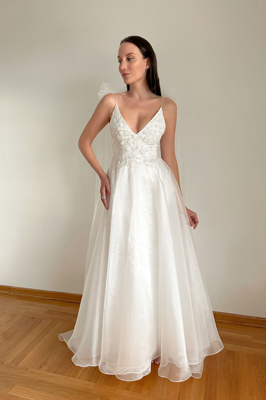 Star embroidered wedding dress with organza skirt