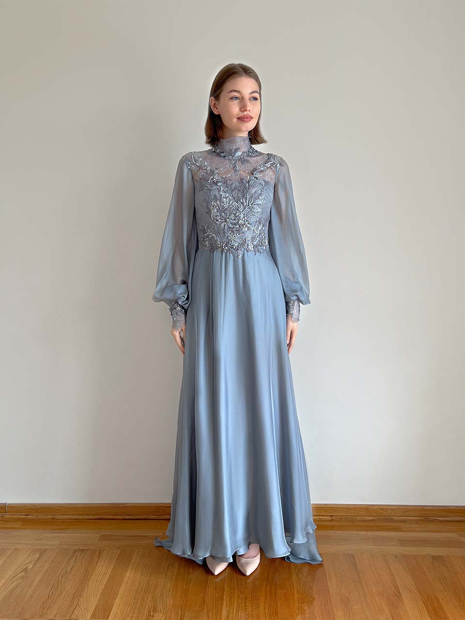 Blue Wedding Dress, Modest Wedding Dress, Chiffon Wedding Dress Long Sleeve