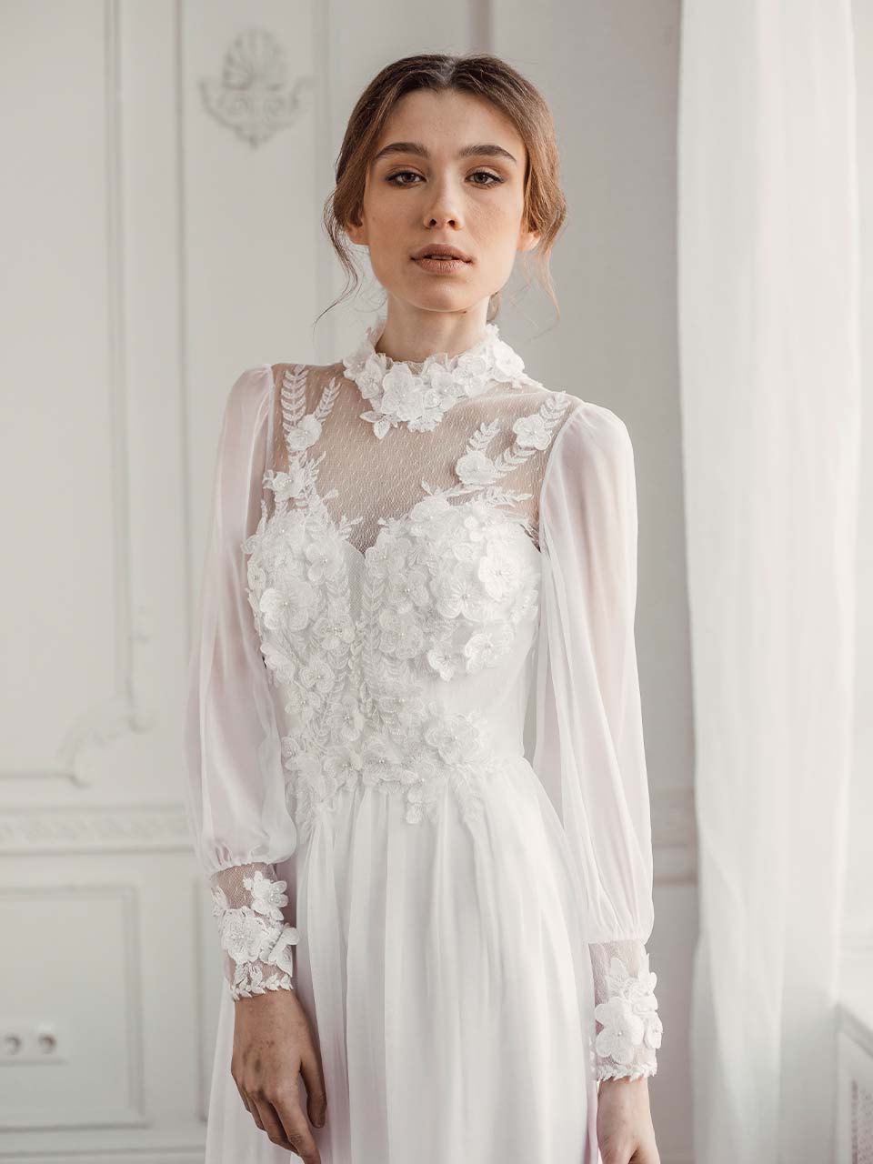 Modest Wedding Dress, Wedding Dress Floral Embroidery, Chiffon Wedding Dress Long Sleeve