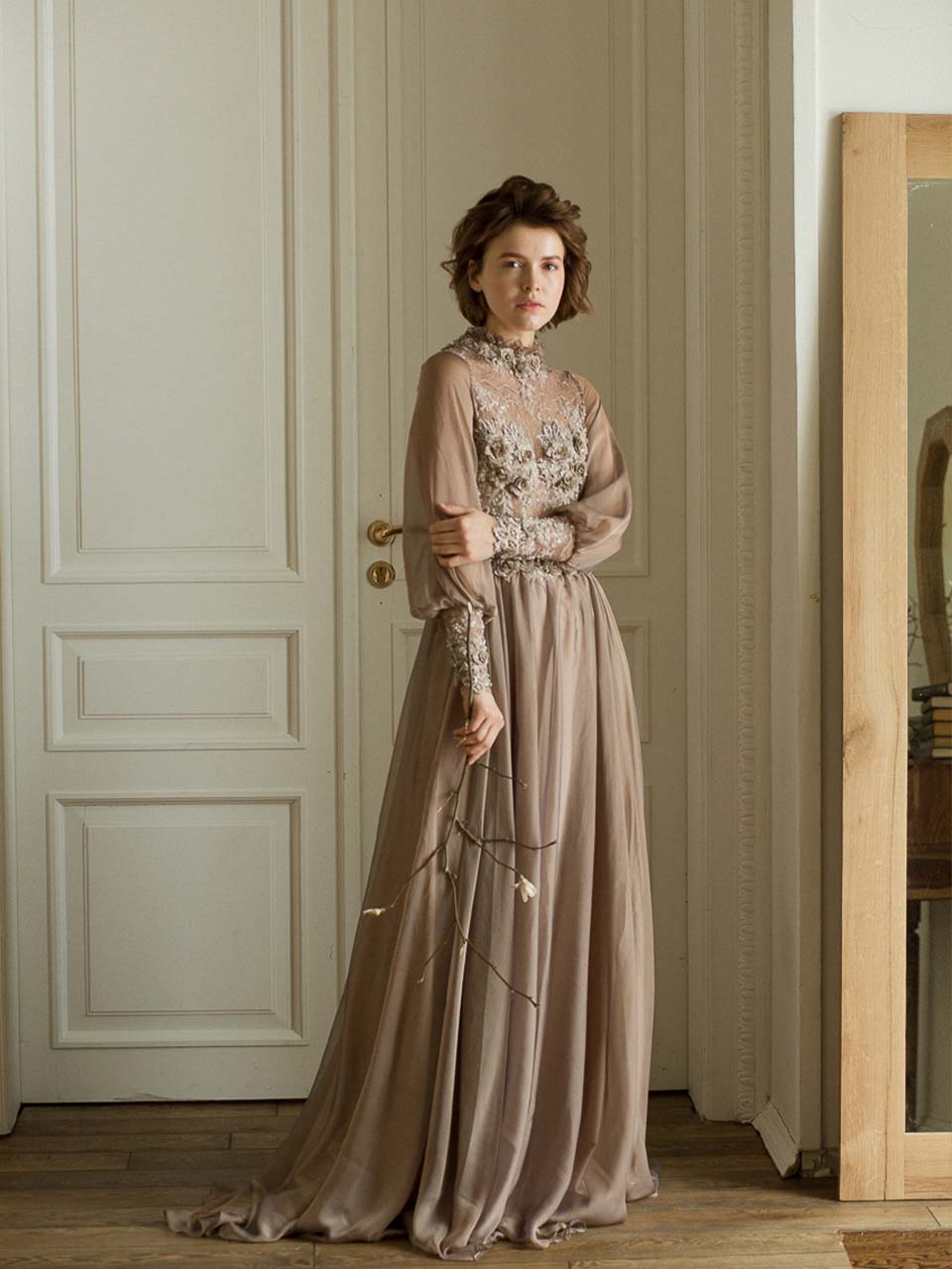 Brown Wedding Dress, Modest Wedding Dress, Bohemian Wedding Dress Long Sleeve