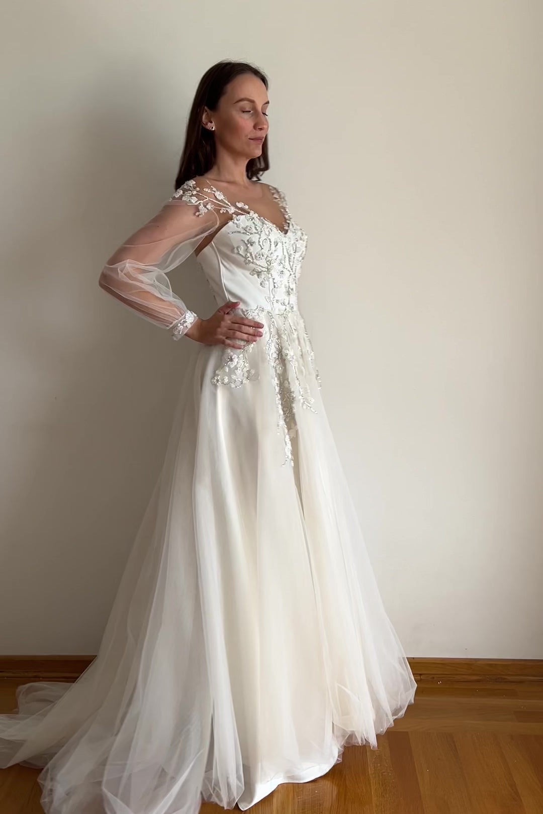 Floral embroidered wedding dress with puff sleeves